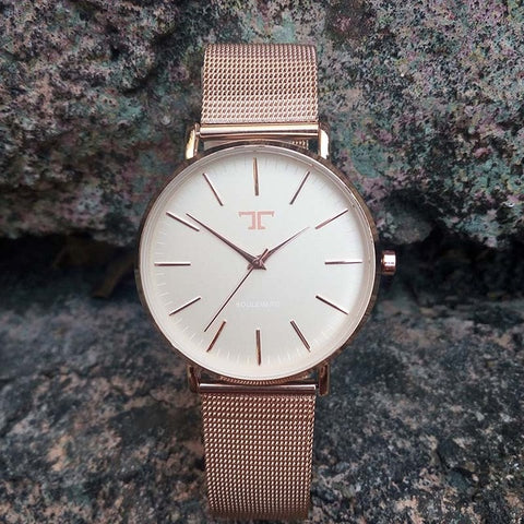 Ladies Simple Rose Gold Stainless Steel Mesh Band Gold Watch