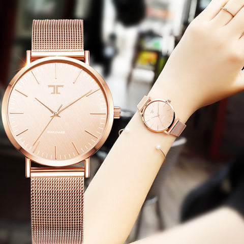 Ladies Simple Rose Gold Stainless Steel Mesh Band Gold Watch