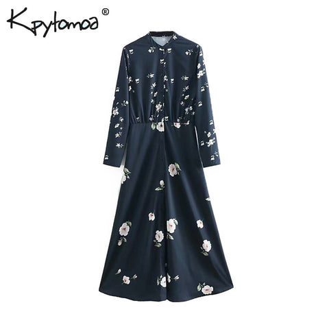 Vintage Elegant Floral Print Pleated Long Dress Women 2019