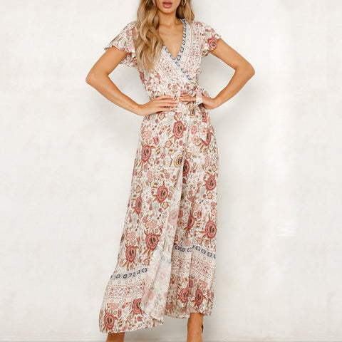 Summer Women Floral Print Boho Dress Sexy V-neck 2019