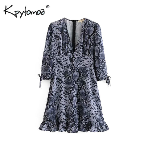 Vintage Snakeskin Print Ruffles Mini Dress Women 2019